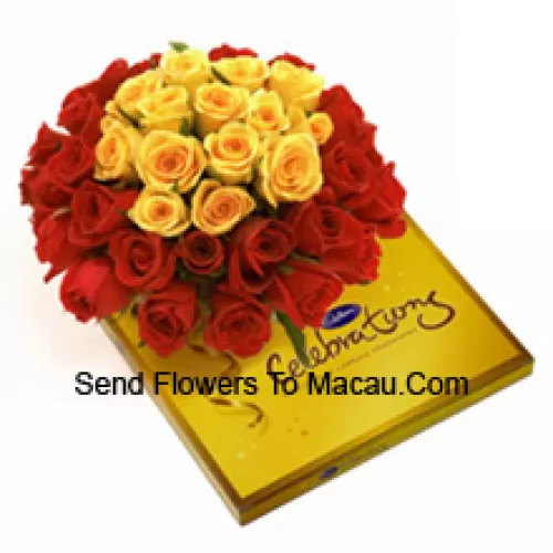 Bunch Of 24 Red And 11 Yellow Roses With Seasonal Fillers Along With A Beautiful Box Of Cadbury Chocolates