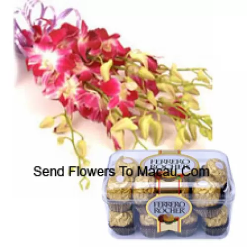Bouquet d'orchidées roses avec des remplissages saisonniers accompagné de 16 Pcs Ferrero Rochers