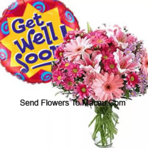 Assorted Flowers In A Vase And A Get Well Soon Balloon