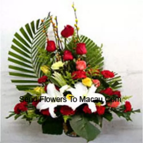 Basket Of Assorted Flowers Including Lilies, Roses And Carnations