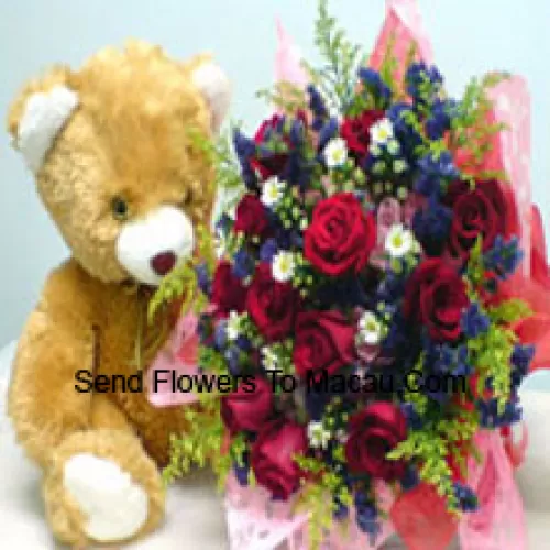 Bunch Of 11 Red Roses With Fillers And A Medium Sized Cute Teddy Bear