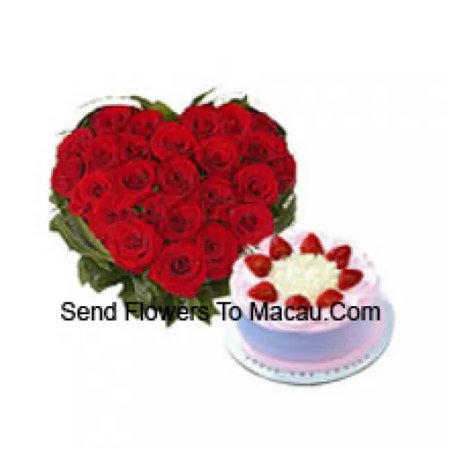 Heart Shaped Arrangement Of 41 Red Roses Along With A 1/2 Kg Strawberry Cake