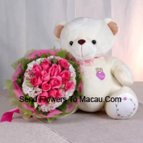 Bouquet de 11 roses roses et un ours en peluche de taille moyenne mignon