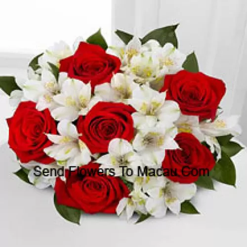 Bunch Of 7 Red Roses And Seasonal White Flowers