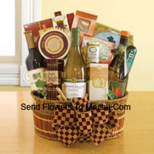 This Gift Basket contains three distinctive bottles of wine (Chardonnay, Sauvignon Blanc, and Cabernet). It also includes English tea cookies, cheese, Dolcetto wafer cookies, California smoked almonds, focaccia crisps, salami, Napa Valley mustard, biscotti and Ghirardelli chocolate squares. (Contents of basket including wine may vary by season and delivery location. In case of unavailability of a certain product we will substitute the same with a product of equal or higher value)