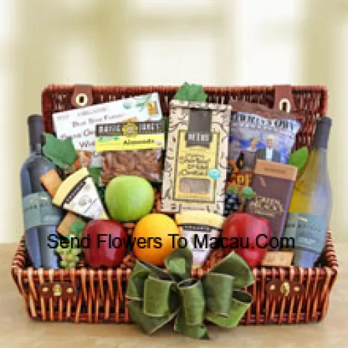 This Christmas Gift Basket includes Fresh fruits, such as crisp apples and juicy oranges, two organic creamy cheeses and stone ground crackers, two bottles of organic wine, premium roasted organic almonds, a bag of crispy chips and delicious Shortnin’ bread cookies. (Contents of basket including wine may vary by season and delivery location. In case of unavailability of a certain product we will substitute the same with a product of equal or higher value)