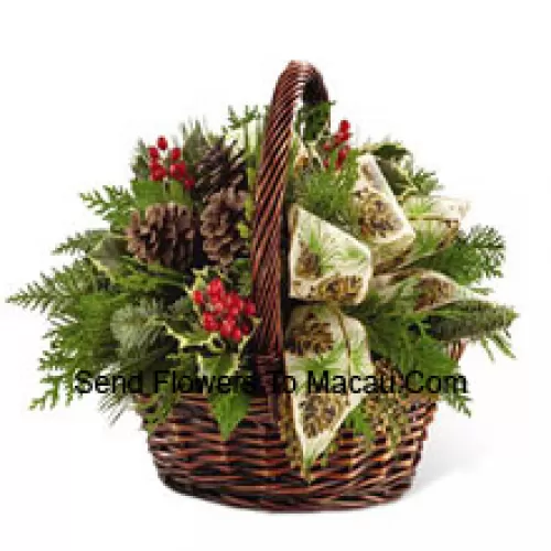 This Bouquet is an expression of holiday homecoming and heartfelt cheer. Assorted holiday greens, variegated holly, natural pinecones, red berry pics and cinnnamon sticks are lovingly arranged in a dark brown bamboo basket accented with an ivory holiday ribbon creating a seasonal sentiment of peace and goodwill. (Please Note That We Reserve The Right To Substitute Any Product With A Suitable Product Of Equal Value In Case Of Non-Availability Of A Certain Product)