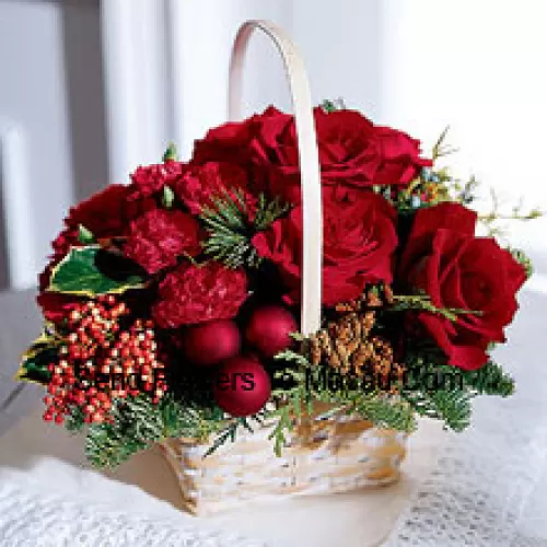 What better gift for a rose lover than this seasonal arrangement of roses and Christmas greens. A tasteful gift with a holiday flair. (Please Note That We Reserve The Right To Substitute Any Product With A Suitable Product Of Equal Value In Case Of Non-Availability Of A Certain Product)