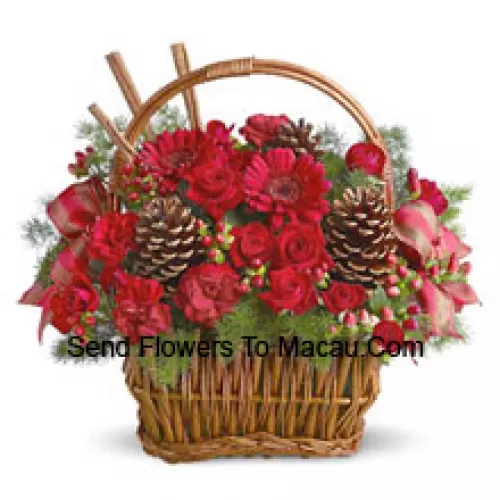 Spice up any winter occasion with this charming basket bouquet of miniature roses, carnations, gerberas, or similar festive blooms, designed in a basket with fresh evergreens, pinecones, and accents. Great for a thank you, Happy Holidays greeting, Christmas wishes, or just because (Please Note That We Reserve The Right To Substitute Any Product With A Suitable Product Of Equal Value In Case Of Non-Availability Of A Certain Product)