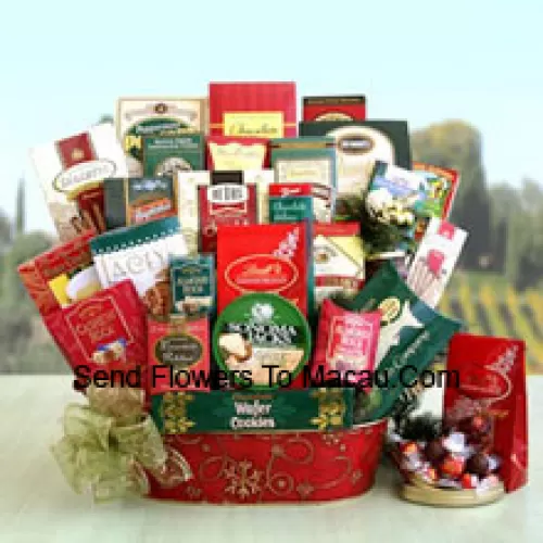 When you need to feed the office crowd or other large group, check out this impressive celebration gift basket. We've packed this one with a memorable variety of gourmet snacks and sweets that will keep everyone happily munching for a long time. It's perfect for corporate giving, or to bring to a large family gathering too. Our gift basket is packed with truffles, wafer cookies, cheese, smoked almonds, licorice petites, Cashew Roca, water crackers, cheese straws, smoked salmon, bruschetta toast, Dolcetto wafers, Almond Roca, Lacey's cookies, cheese swirls, fudge, caramel apple bites, English tea cookies, chocolate chip cookies, biscotti, truffle cookies, toffee pretzels, a Ghirardelli chocolate bar, and popcorn. With so much variety, there is bound to be something that everyone will enjoy! (Please Note That We Reserve The Right To Substitute Any Product With A Suitable Product Of Equal Value In Case Of Non-Availability Of A Certain Product)